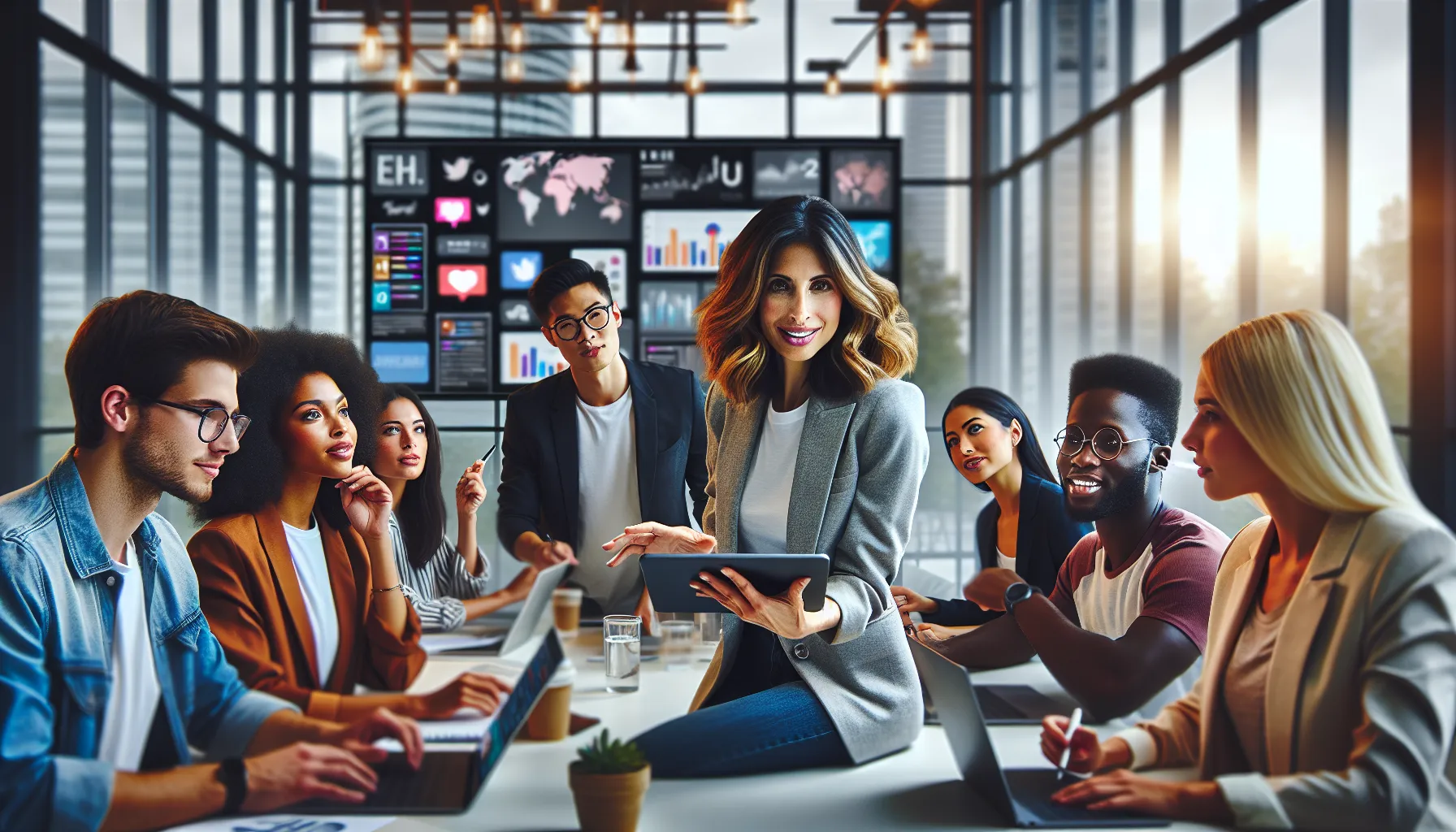 diverse professionals discussing social media trends in a modern office.