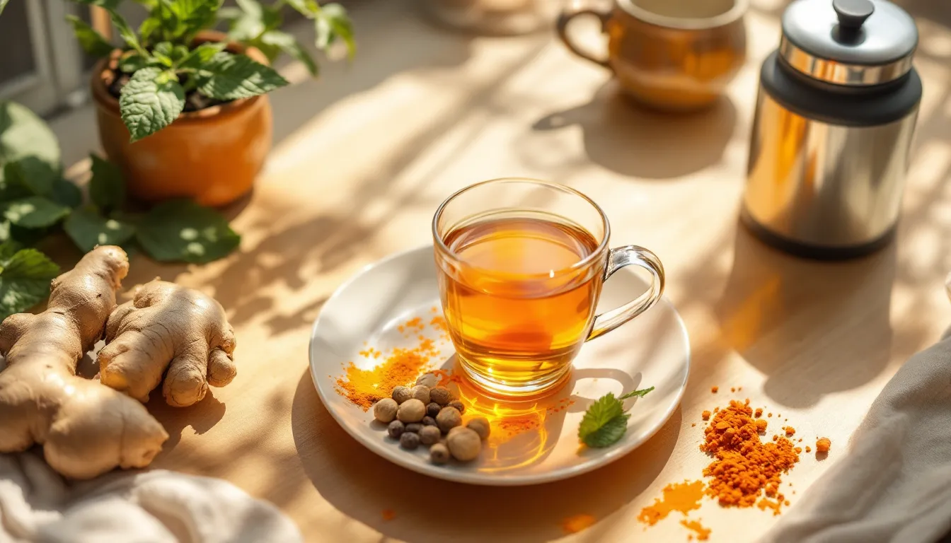 Golden turmeric-ginger tea with fresh ingredients and Ayurvedic tools on a kitchen counter.