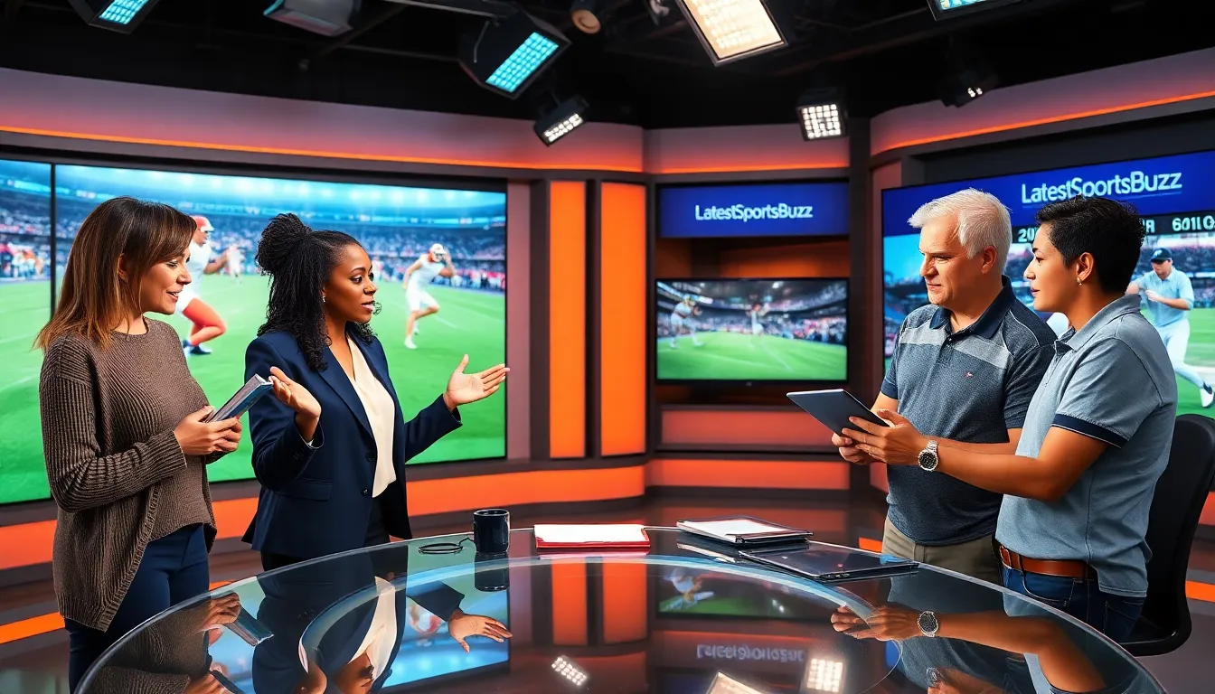 sports journalists discussing football and golf in a modern studio.