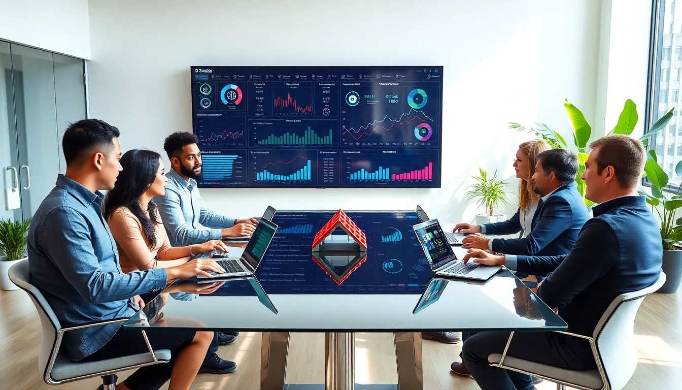 diverse team discussing production tracking software in a modern office.