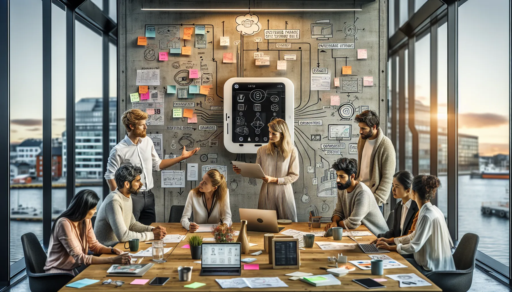 Norwegian innovation team around a prototype, contrasting linear plan with iterative process.
