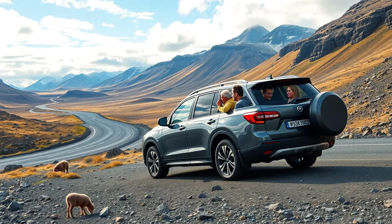 travelers checking weather while parked in Icelandic landscape.