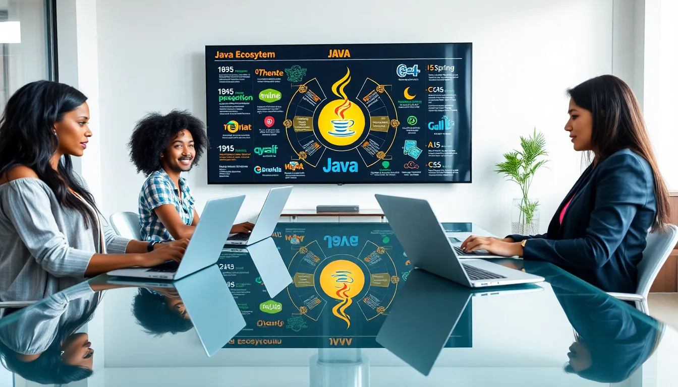 diverse team of developers collaborating on Java coding in a modern office.