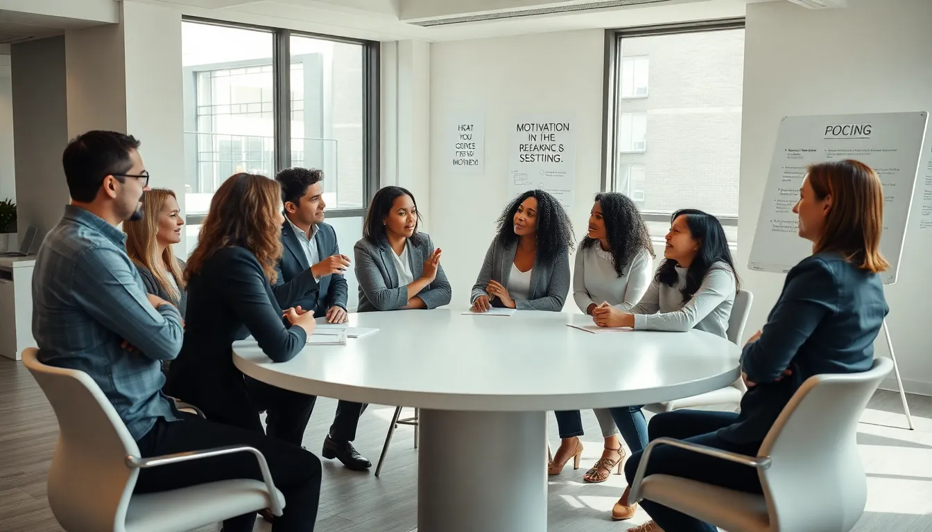 diverse team discussing motivation and goal setting in a modern office.