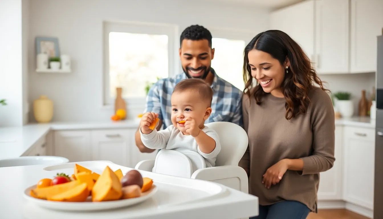 family enjoying baby-led weaning with sweet potatoes in a bright kitchen.