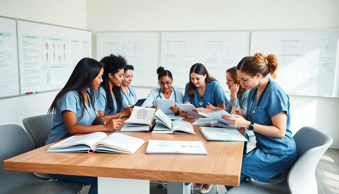 diverse nursing students studying together in a modern classroom.