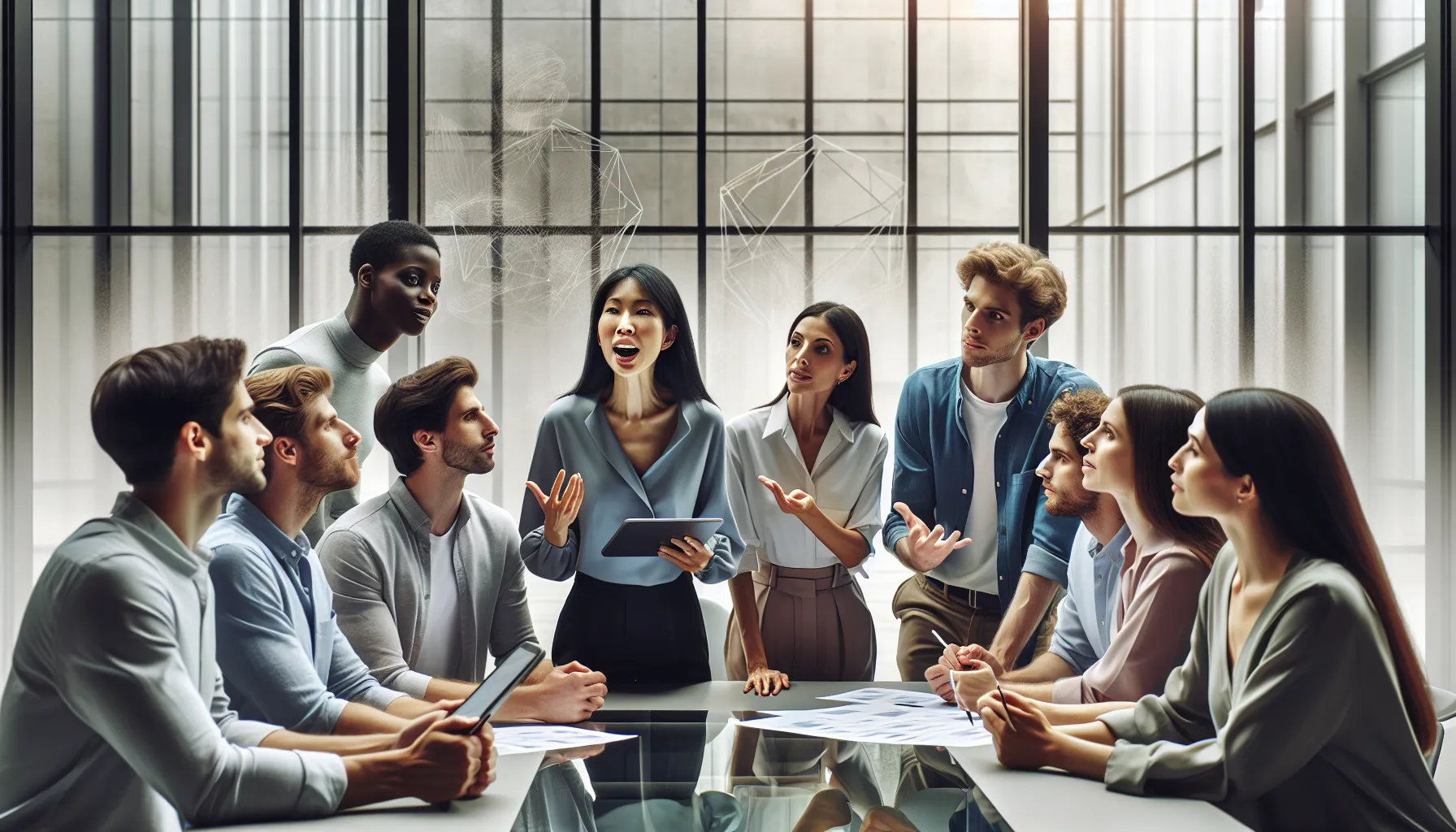 diverse team discussing authenticity in a modern office space.