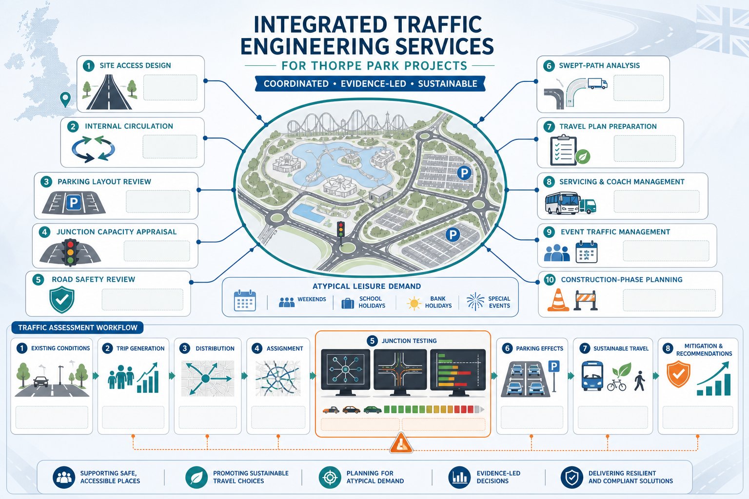 Infographic of traffic engineering services and junction analysis for Thorpe Park projects.