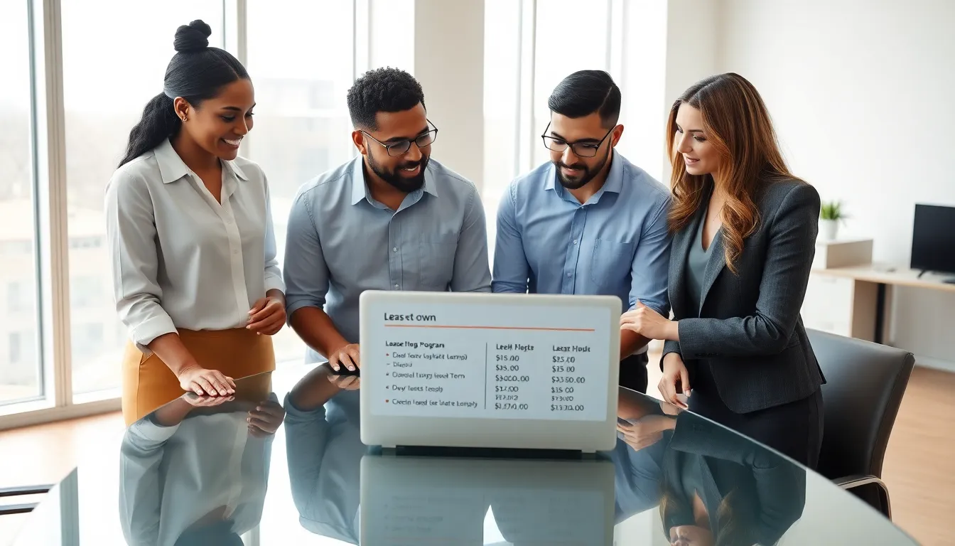 professionals discussing lease to own laptops in a modern office.