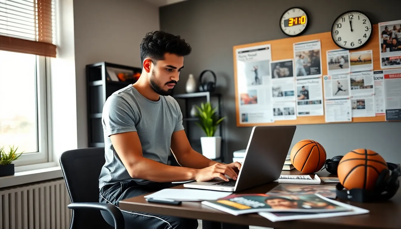 a young man working on sports news updates in a modern office.