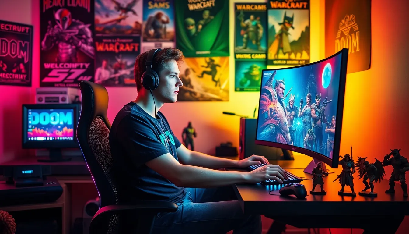 A gamer at a modern PC setup surrounded by gaming memorabilia.