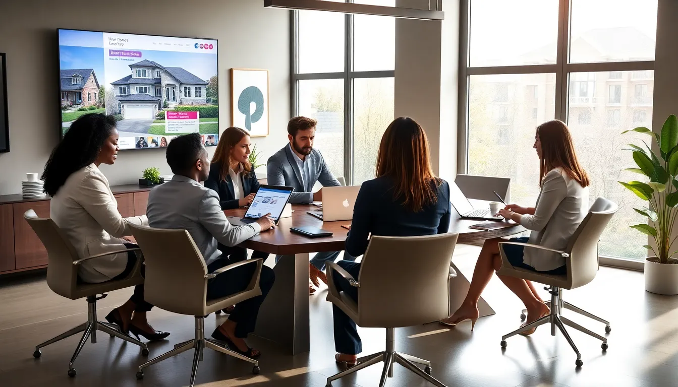 diverse real estate team discussing listings in a modern office.