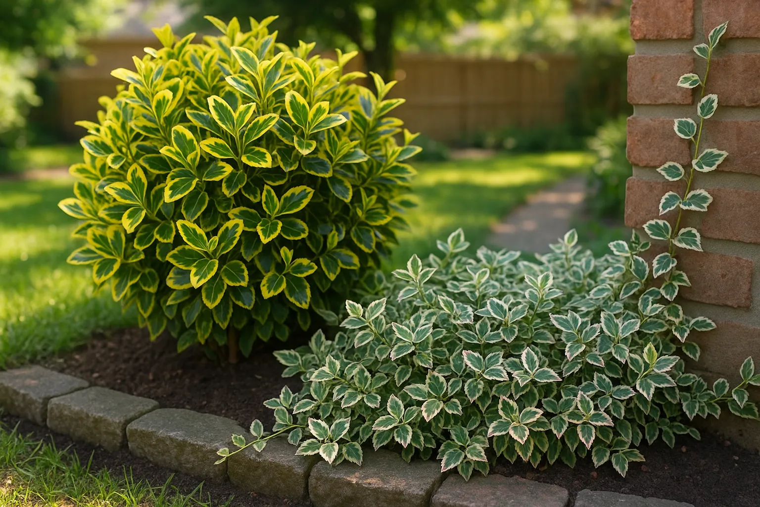 Side-by-side Emerald 'n' Gold shrub and low-spreading Emerald Gaiety groundcover.