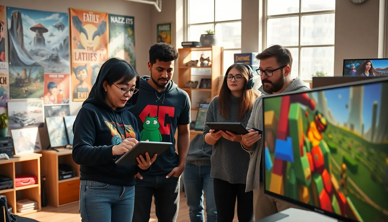 a diverse game development team collaborating in a vibrant studio.