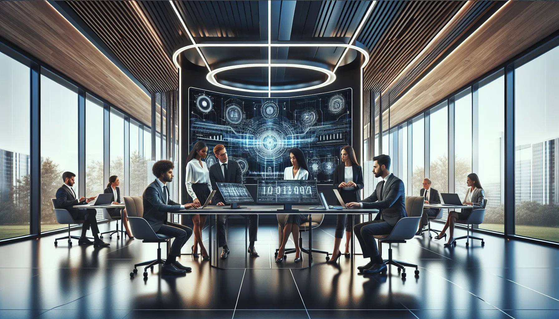 diverse team discussing technology in a modern office.