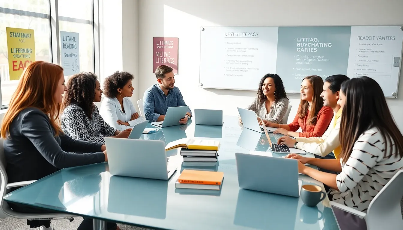 diverse educators collaborating on literacy development strategies.