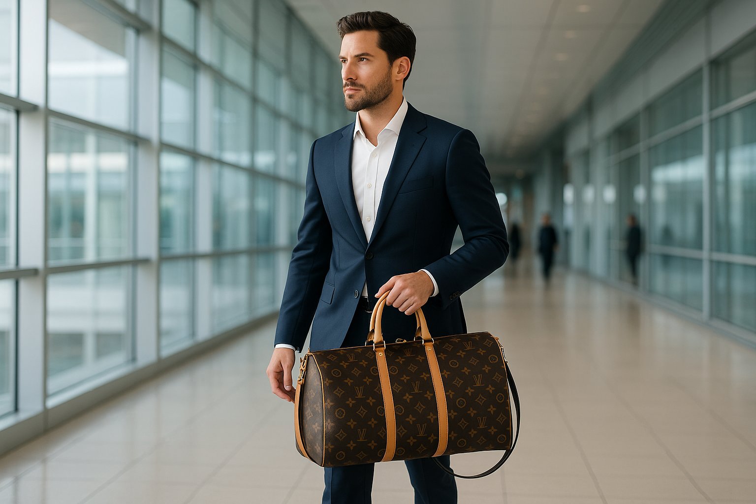 Businessman with luxury designer handbag in a modern airport terminal.