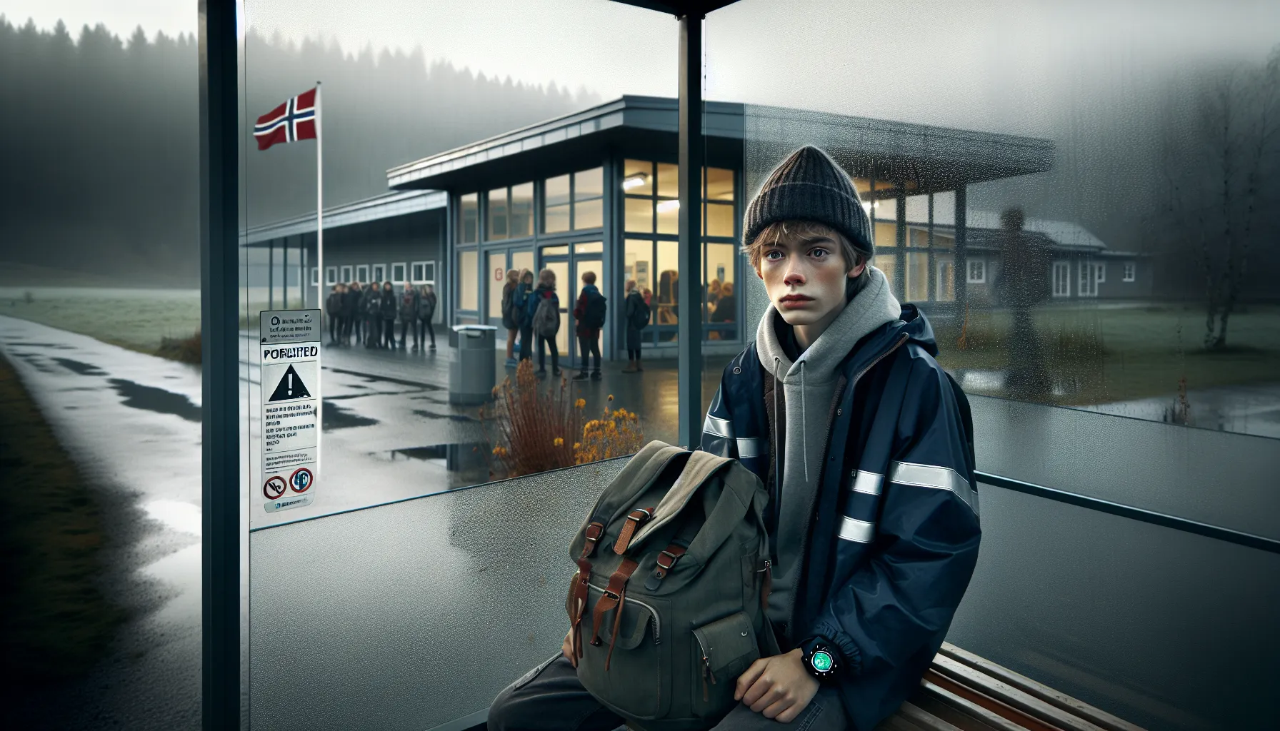 Anxious Norwegian teenager alone at a rainy bus stop outside school.