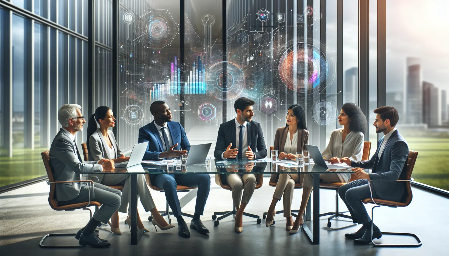 diverse professionals collaborating in a modern office on data strategies.