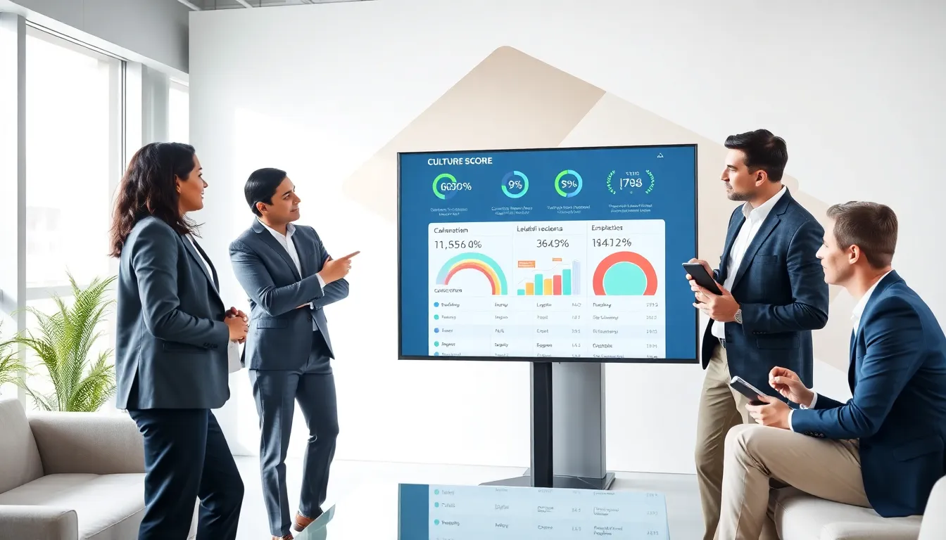 diverse professionals discussing culture score in a modern office.