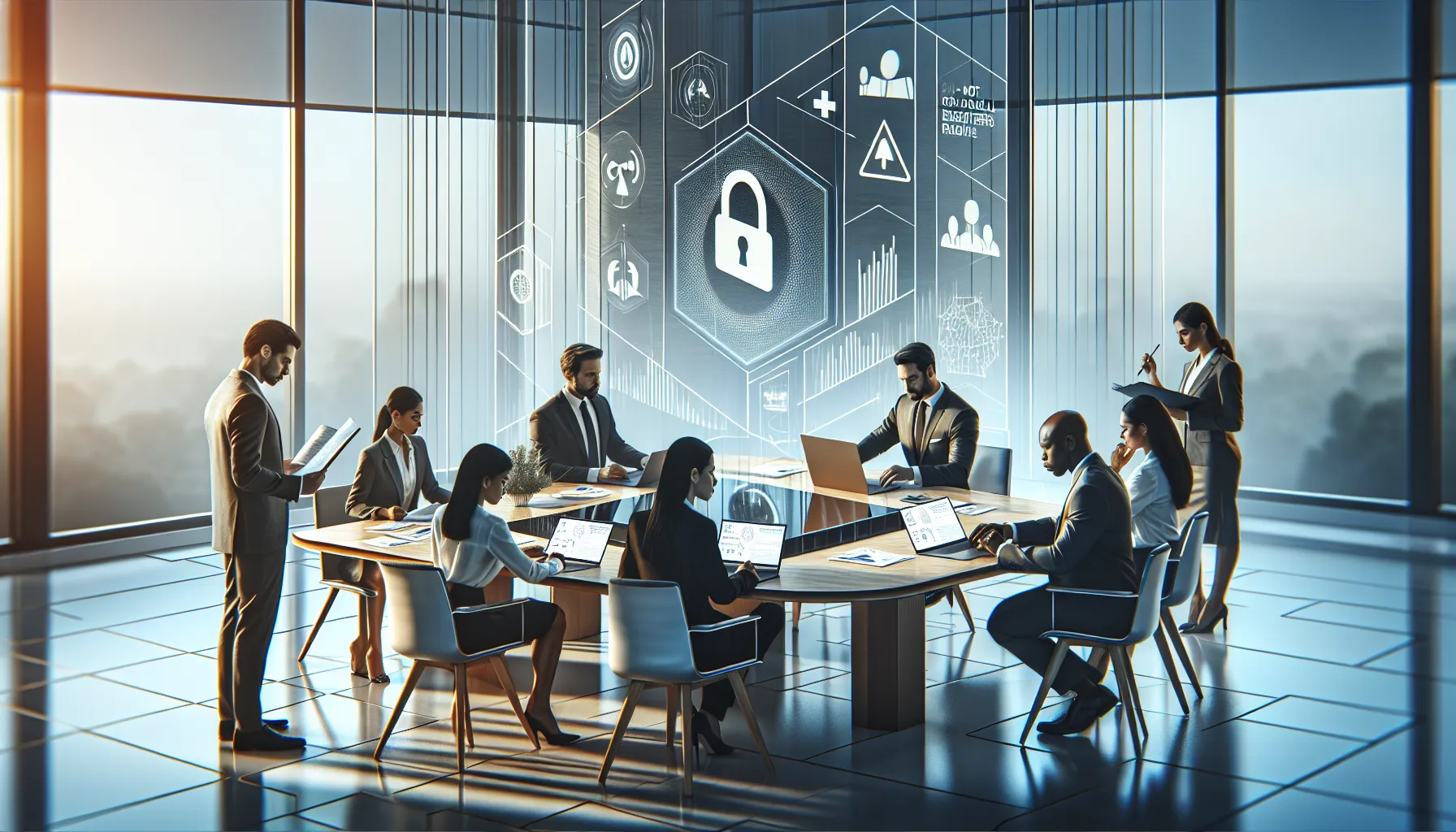 diverse professionals discussing phone privacy in a modern office.