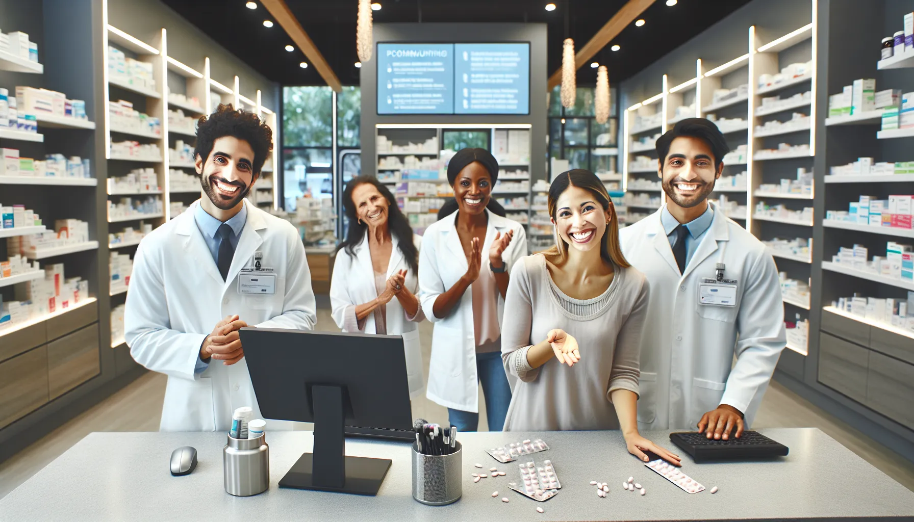 diverse pharmacy staff engaging with happy customers.
