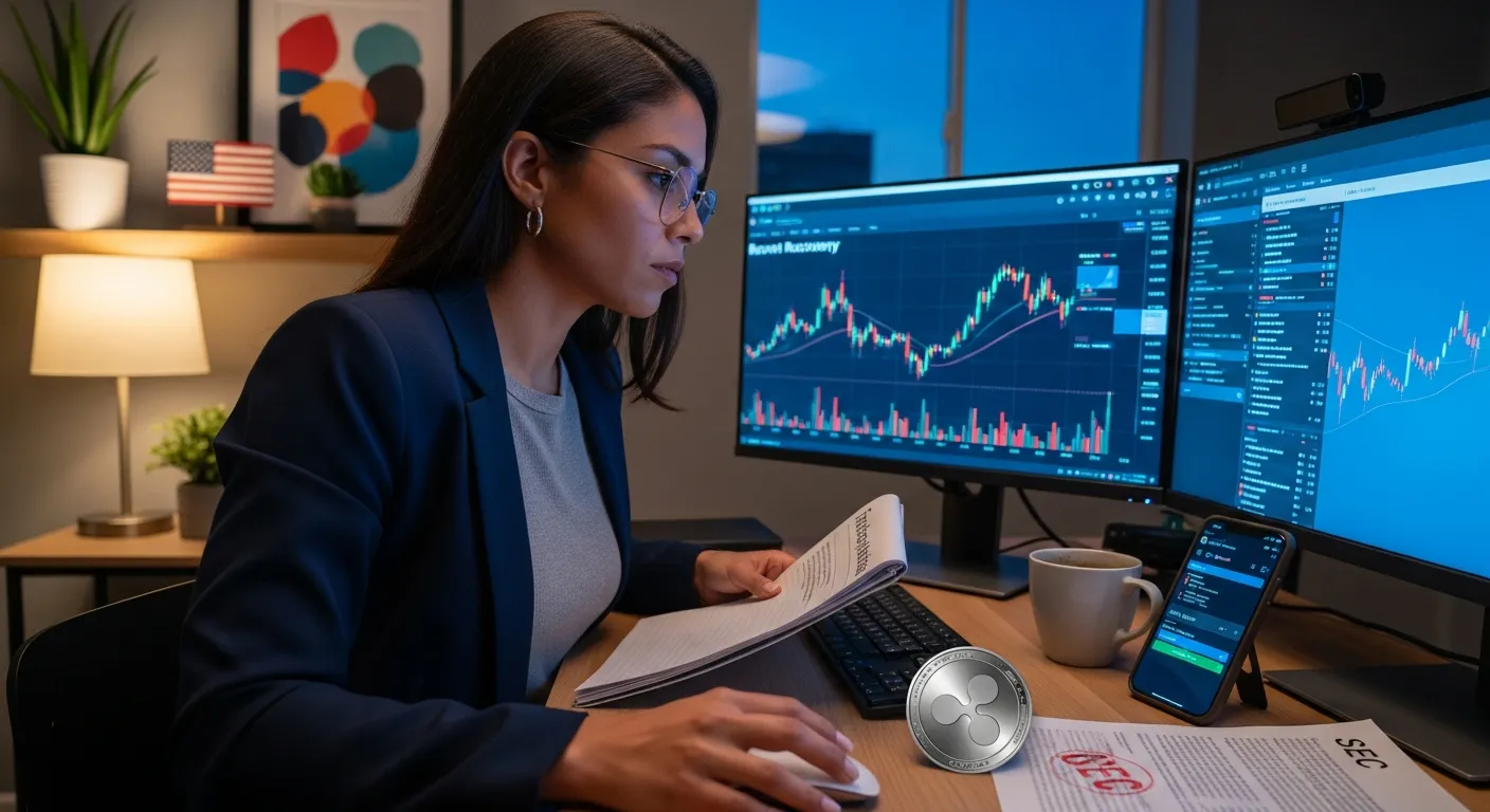 Trader examining XRP price charts on monitors with XRP token and legal documents.