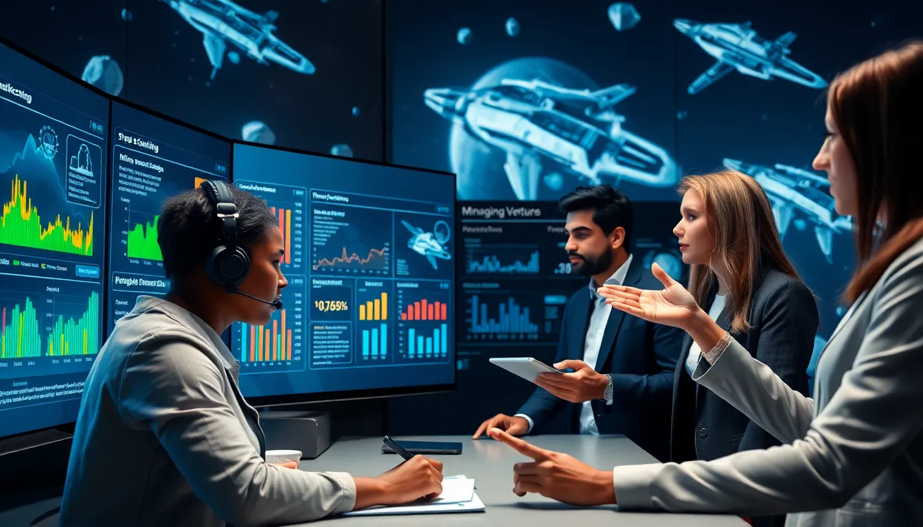 diverse team analyzing Eve Online's economy in a modern office.