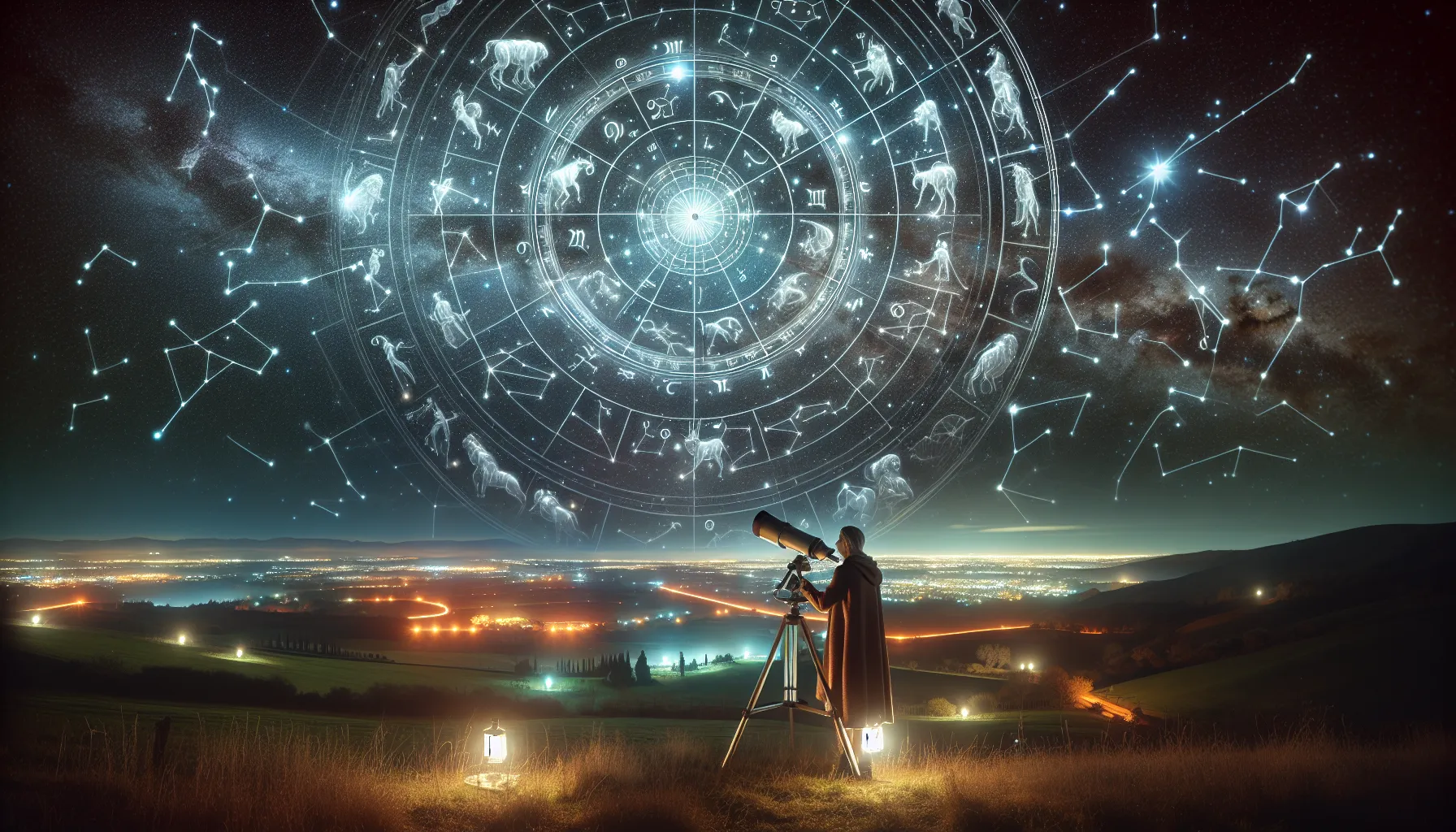 A depiction of constellations and the zodiac in the night sky.
