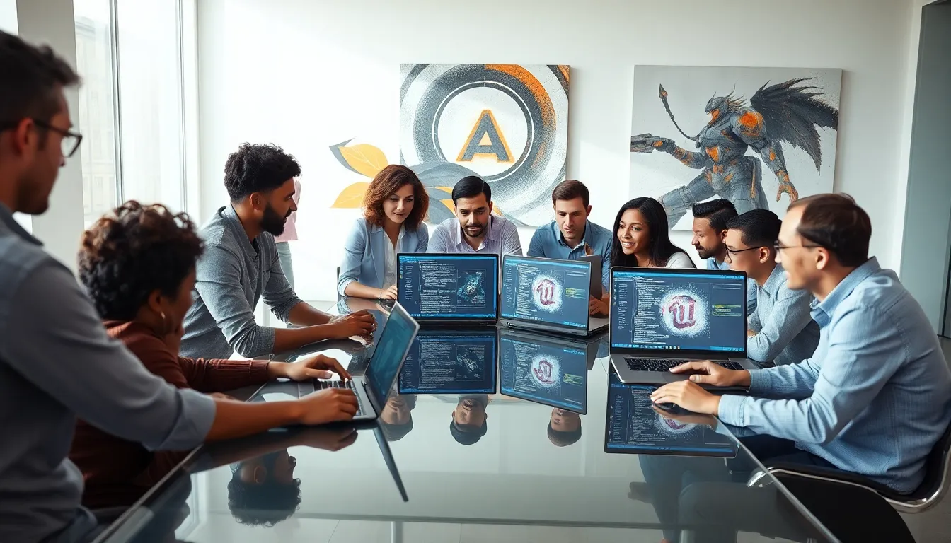 diverse team collaborating on Unreal Engine project in modern office.