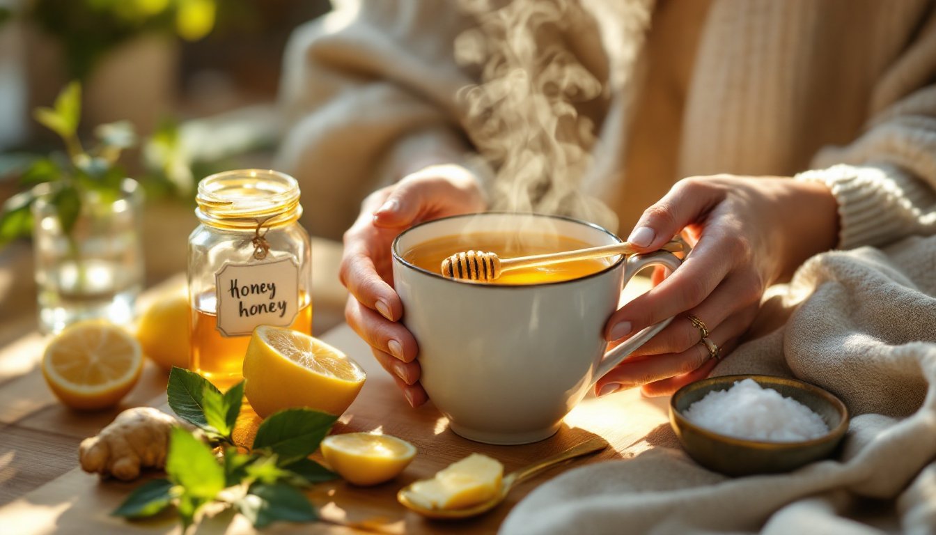 Hands holding a warm mug of herbal tea with honey, ginger, and lemon nearby.