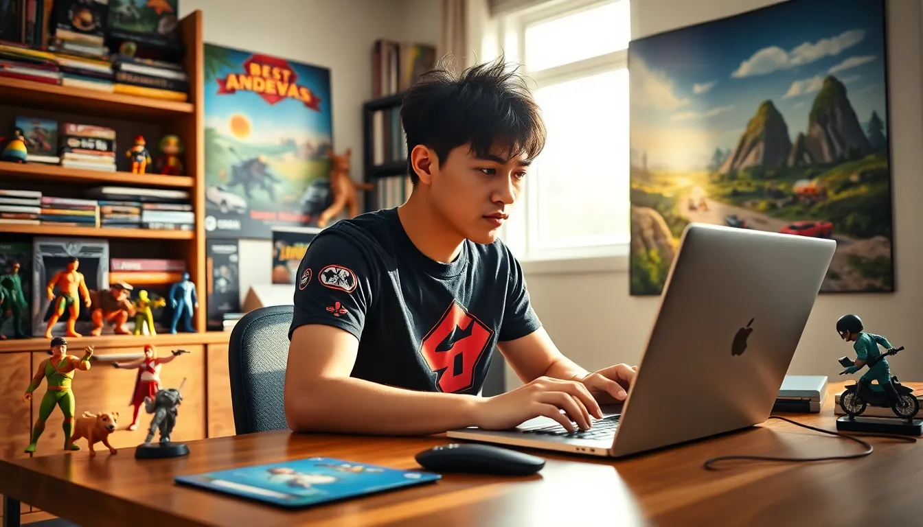 A young male gamer writing a review in a cozy home office.