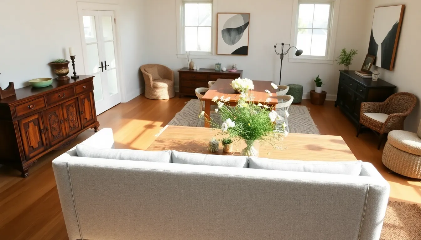 A stylish living room featuring modern, rustic, and vintage furniture elements.