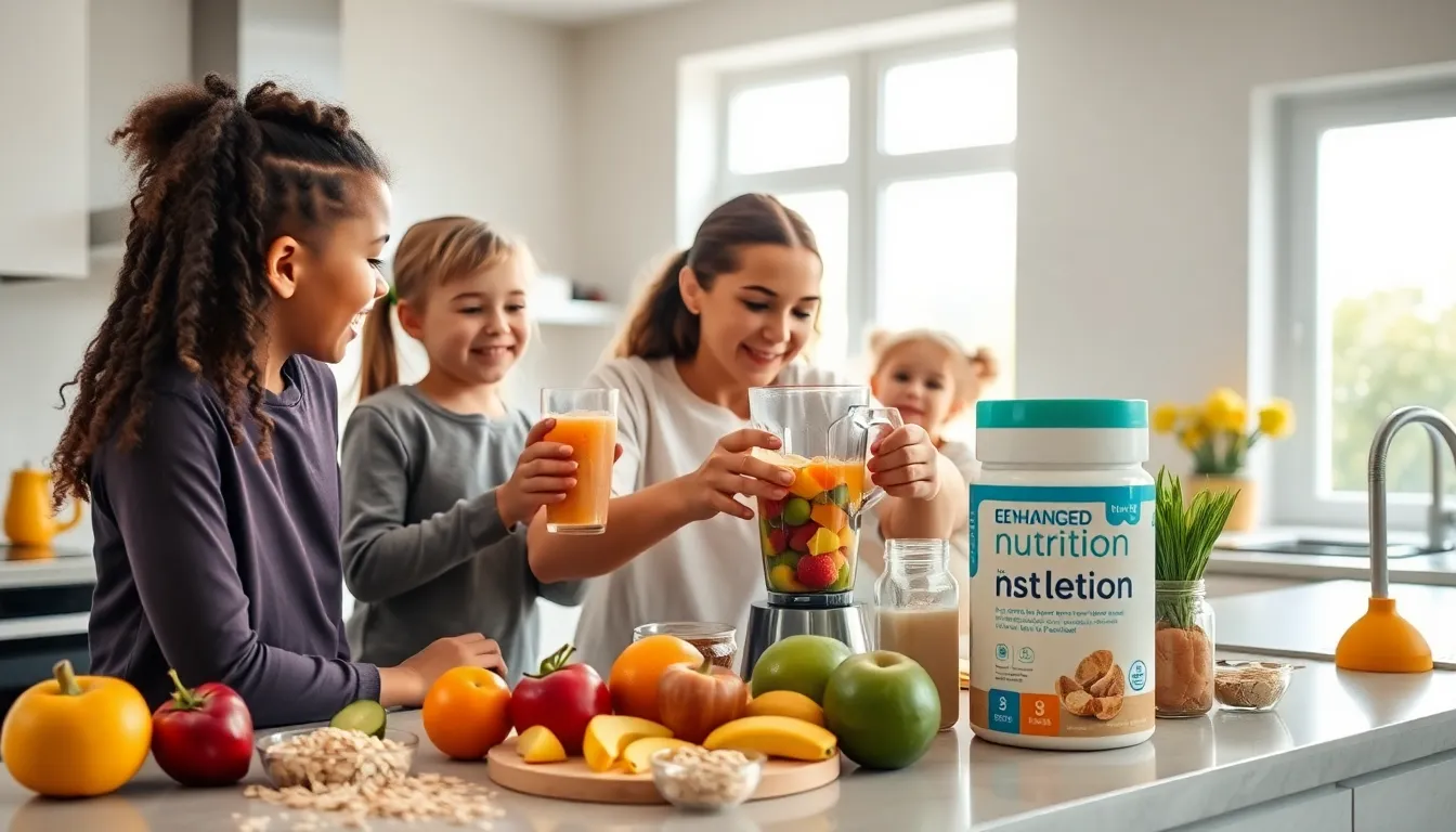 children and adult preparing smoothies with nutrition powder in a bright kitchen.