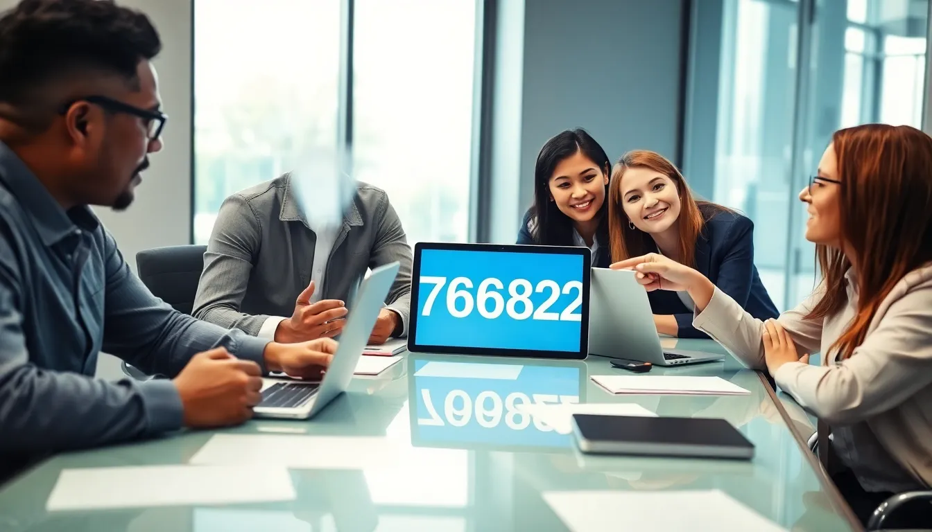 diverse team discussing the significance of the number 9567668282 in a modern office.