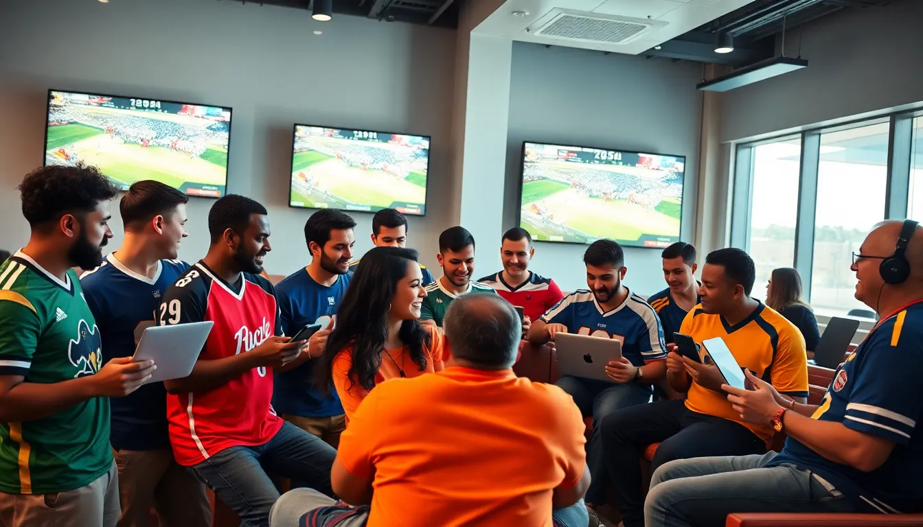 diverse group of sports fans engaging in discussion and using technology.