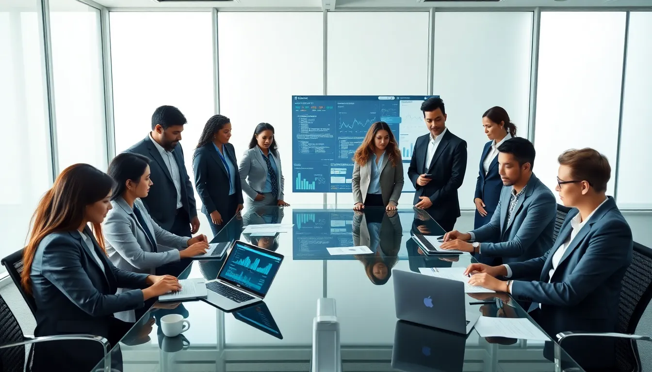 diverse private equity team collaborating in a modern office.