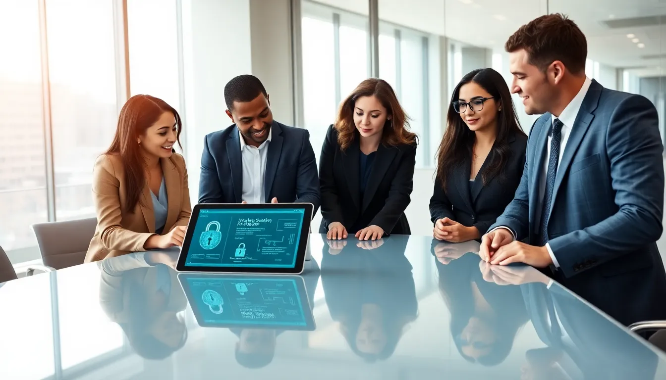 diverse team discussing Bitclassic encryption in a modern office.