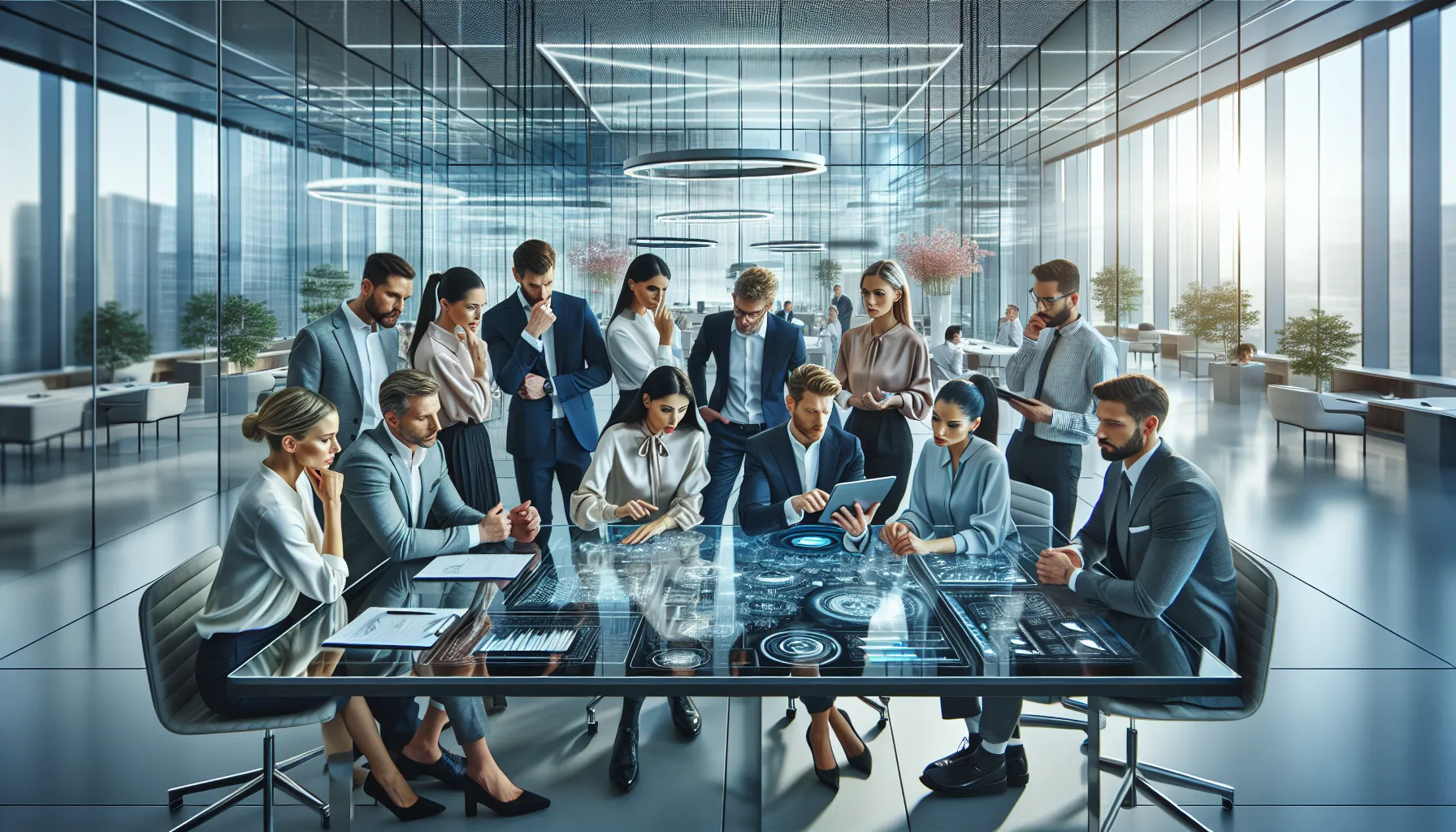 diverse team discussing advanced technology in a modern office setting.