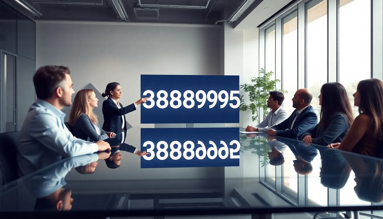 professionals discussing a numeric identifier in a modern office.