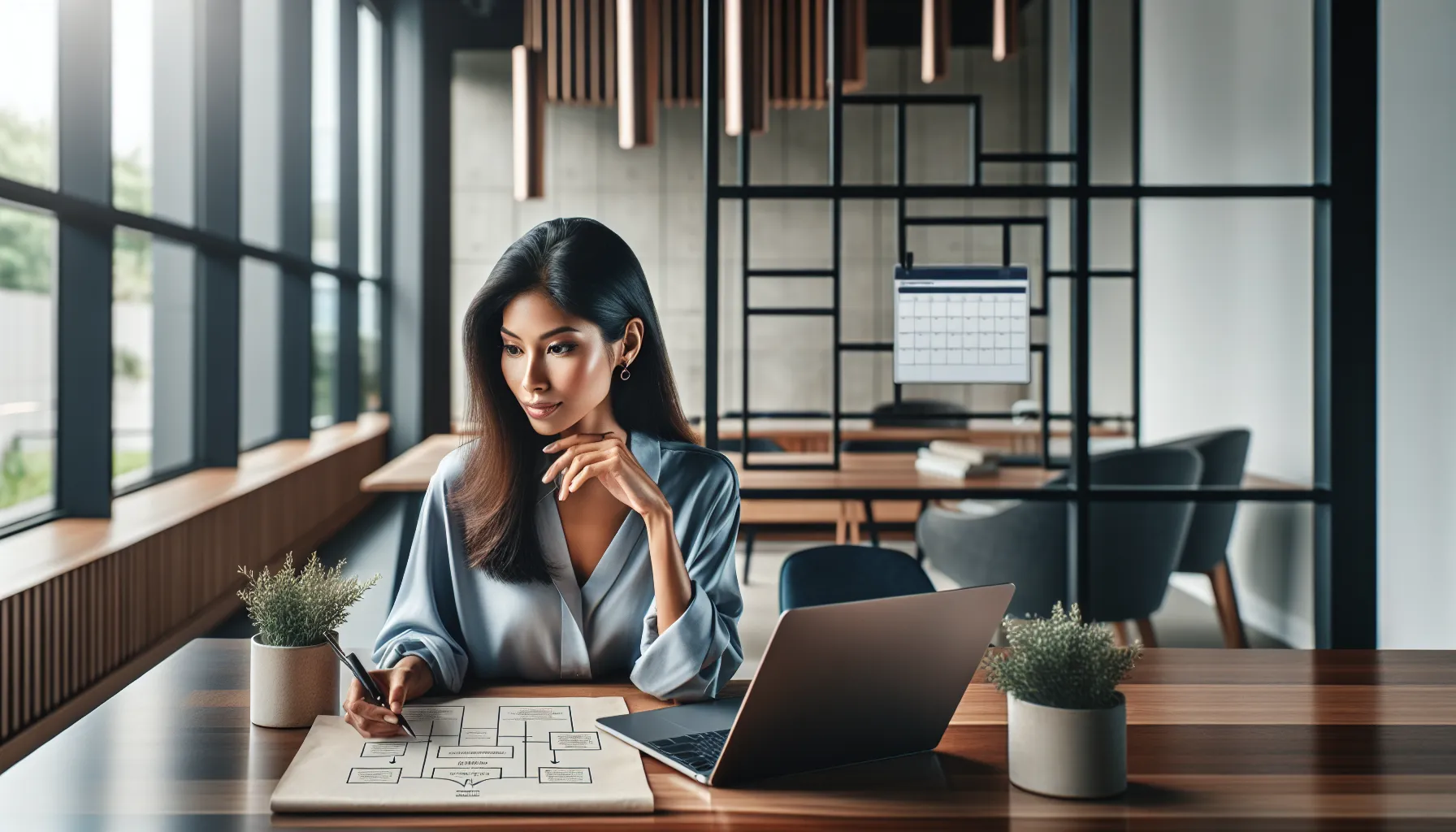 marketer writing an email in a modern office setting.