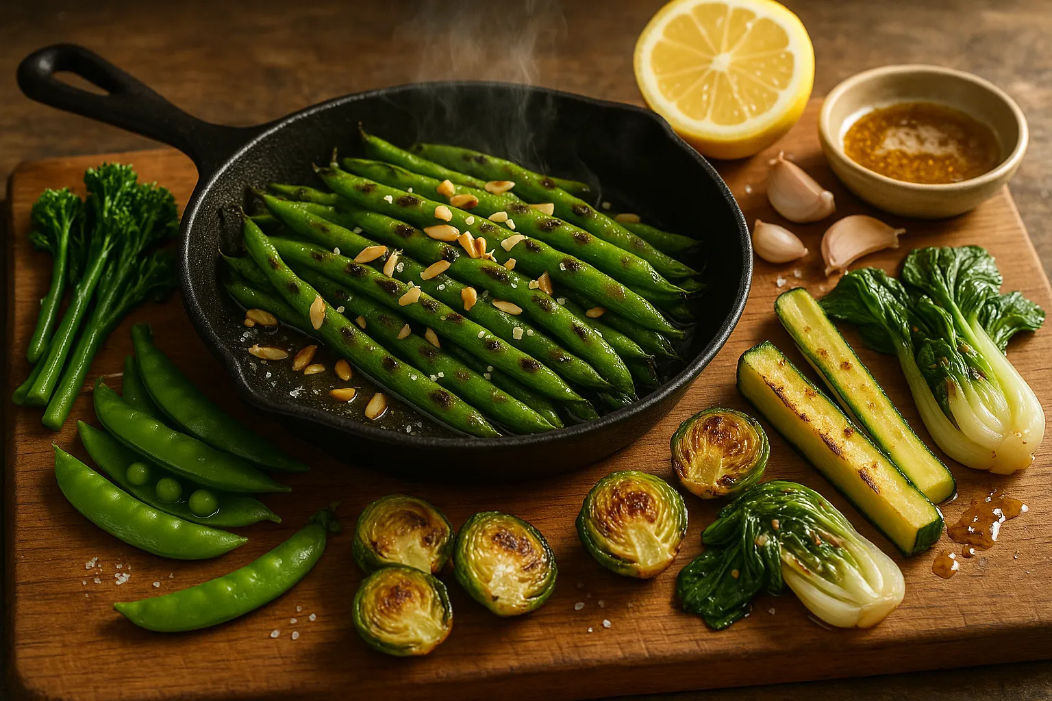 Skillet of charred green beans surrounded by assorted roasted spring vegetables.