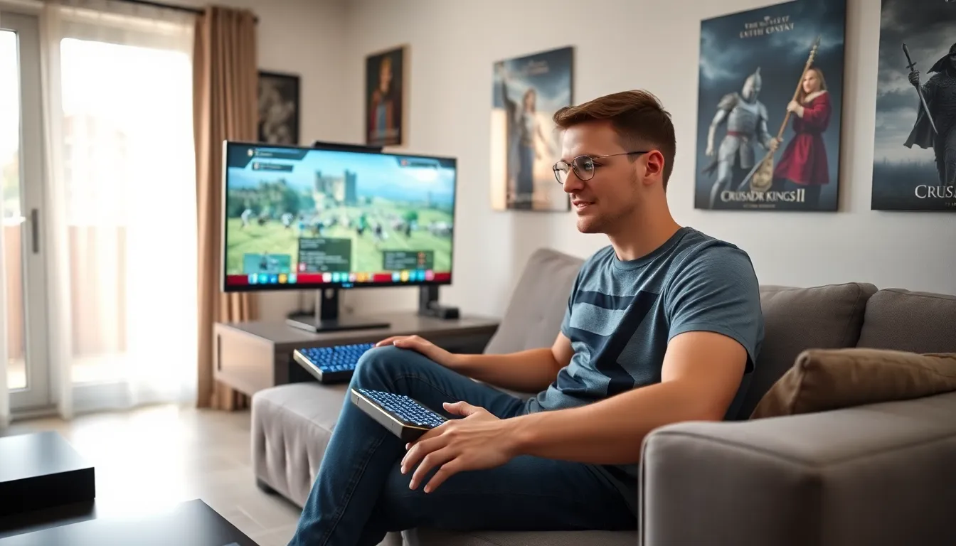 a young man gaming with Crusader Kings II and character creation tools.