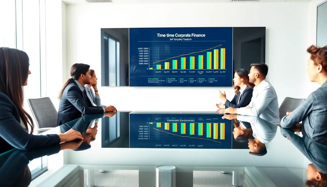 diverse professionals discussing corporate finance in a modern office.