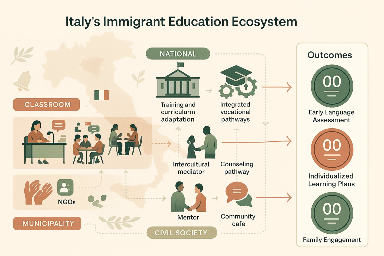 Infografica stratificata che mostra i supporti multi-livello dell'Italia per l'istruzione degli immigrati.