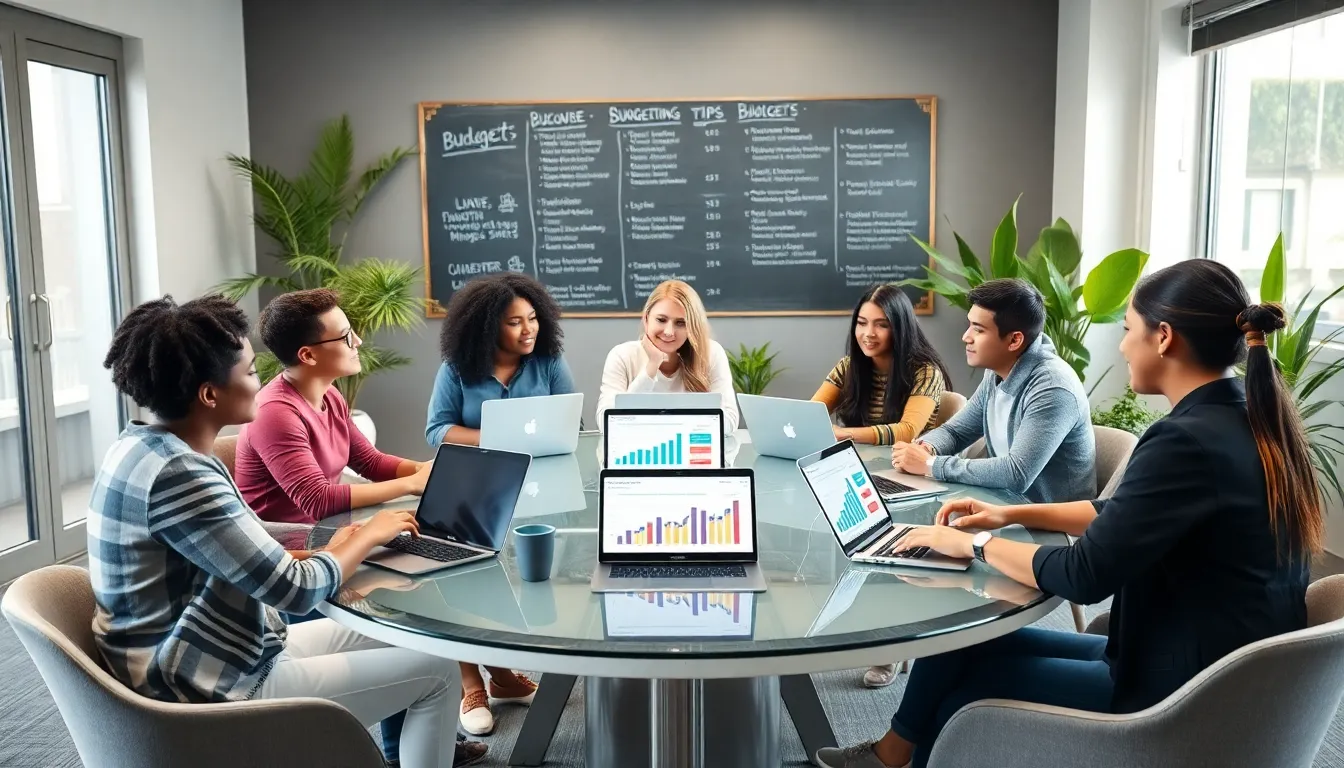 diverse young adults collaborating on budgeting tips in a modern office.