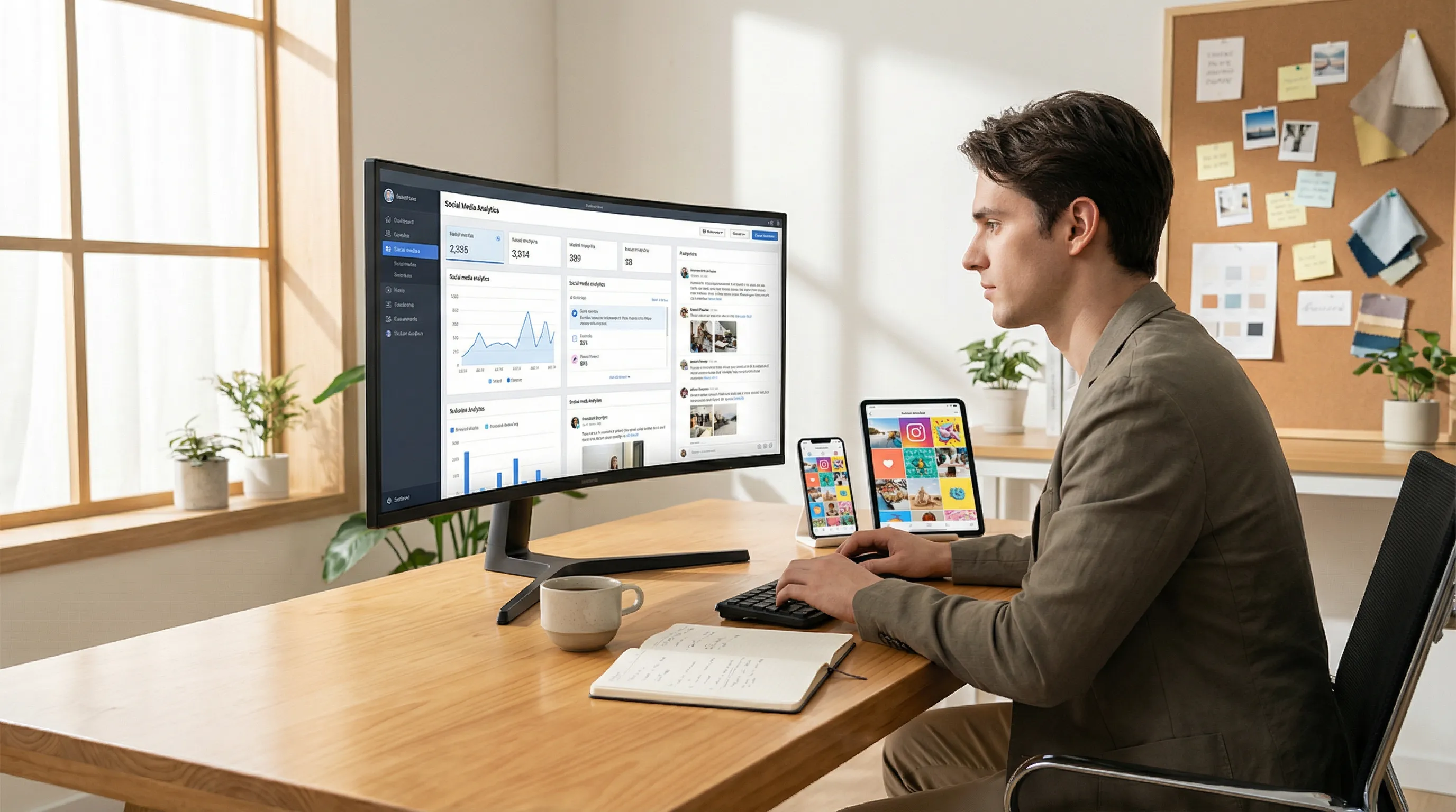 Modern office scene with a professional managing multiple social media dashboards on an ultrawide monitor, surrounded by a smartphone, tablet, and organized desk accessories in soft natural light.