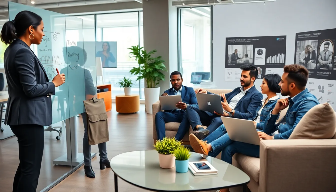 professionals collaborating on viral marketing strategies in a modern office.