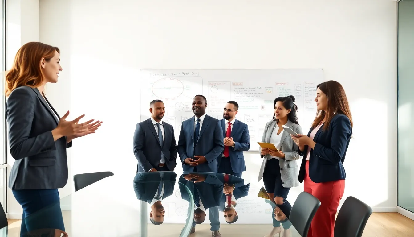 diverse professionals discussing the cultural significance of a term in a modern office.