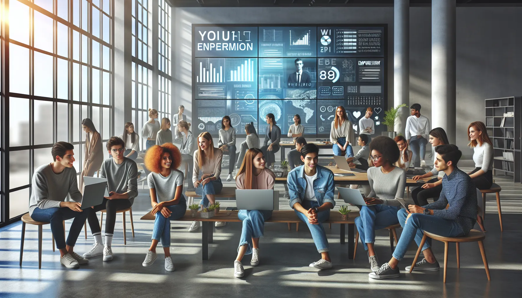 diverse young professionals collaborating in a lively media studio.
